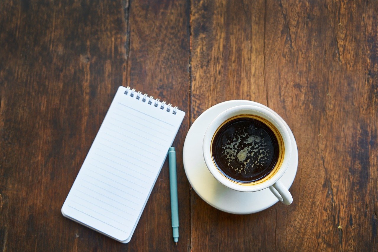 coffee, note book, cup